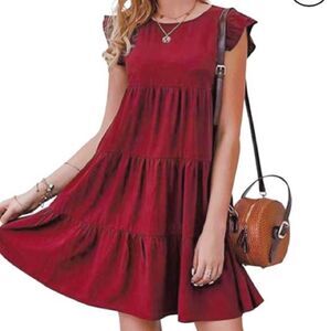 Tiered Maroon Red Ruffle Sleeve Cotton Mini Dress Size M
